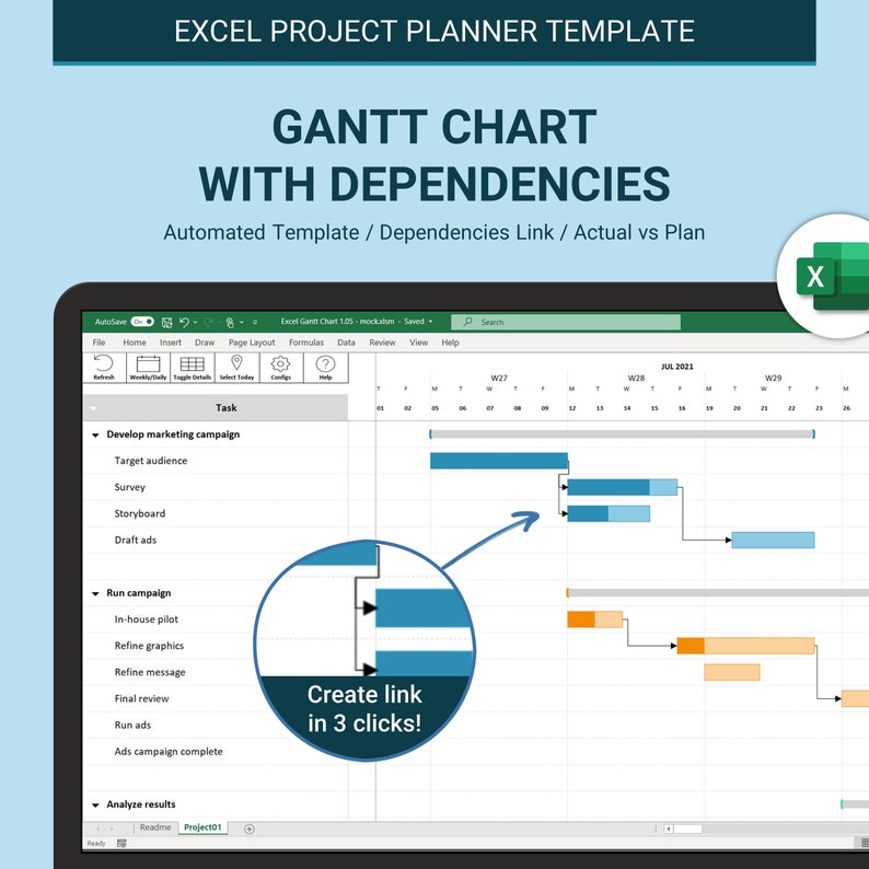 Gantt Chart with Dependency Links - Microsoft Excel Template - Project Planner Spreadsheet - Macro Enabled Template - Create Gantt chart with links between tasks quickly and easily.