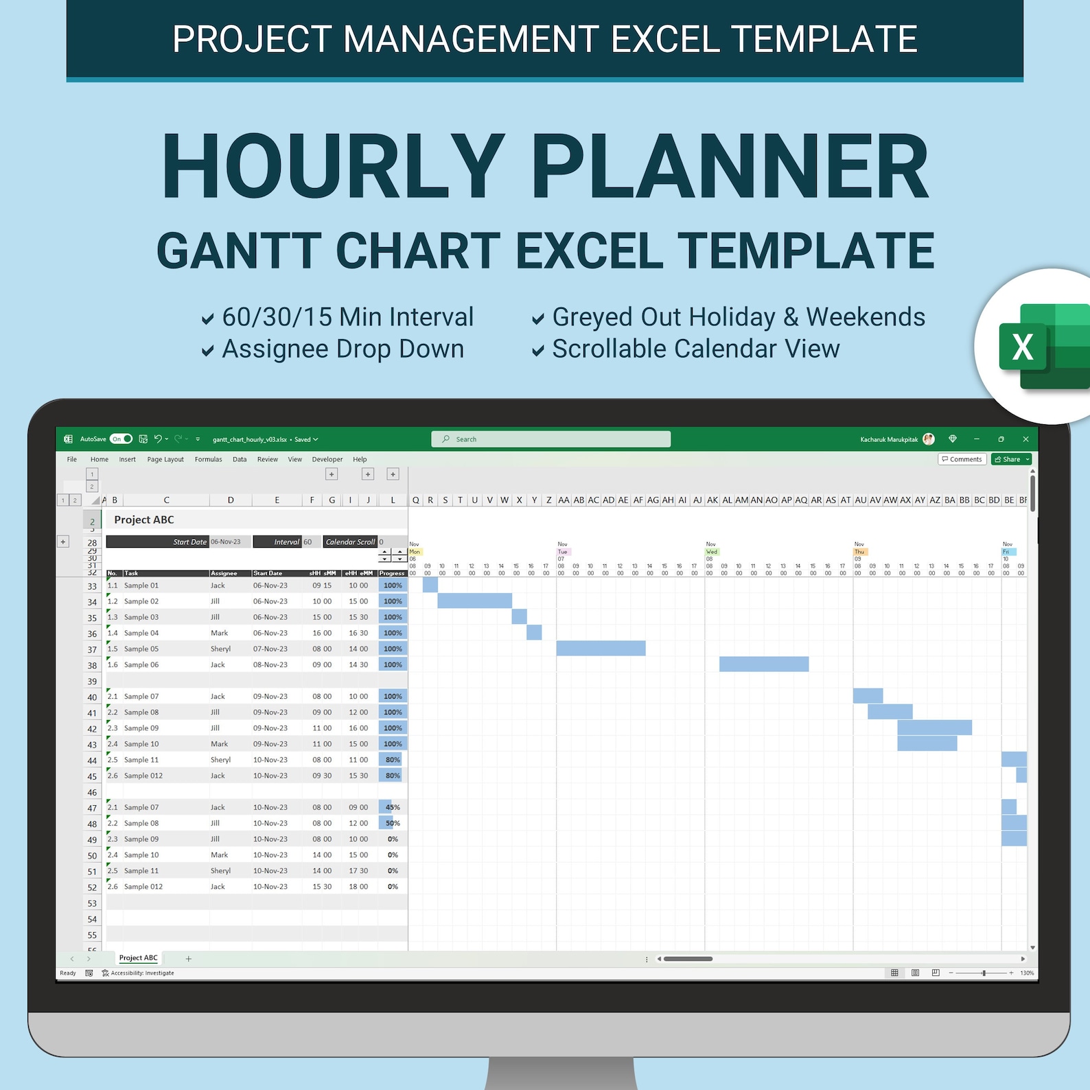 Hourly Planner Gantt Chart Excel Template: Project Management Hourly Planner Gantt Chart Excel Template: Project Management