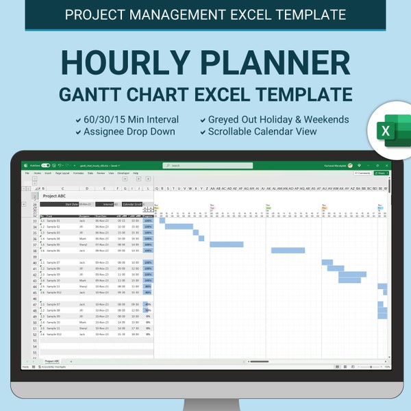 Modello Excel diagramma di Gantt pianificatore orario, modello foglio di calcolo Excel gestione progetti, pianificazione giornaliera per ora