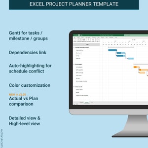This Excel template allows you to create Gantt chart for tasks, milestones, and groups. You can create dependency link between tasks in just a few clicks.