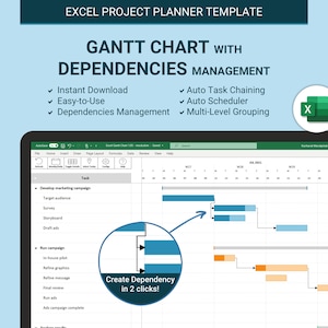 Excel-sjabloon voor projectbeheer Gantt-diagram met afhankelijkheid, QuickGantt, geweldige Excel-spreadsheetsjabloon, projectplanner, planning