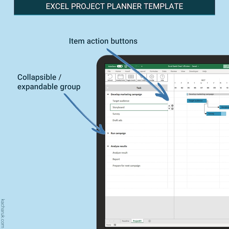 This gantt chart template makes it easy for you to re-order, add, delete tasks or milestones. You can also organize items into groups which are expandable and collapsible. This keeps things clean and organized!