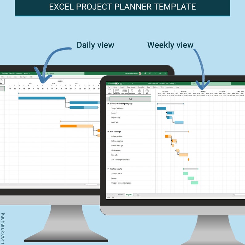 The gantt chart template is able to accommodate varied perspectives. Need to see things in detail? You can have the daily view. Need to see a bigger picture? It's only a single click to see the weekly view!