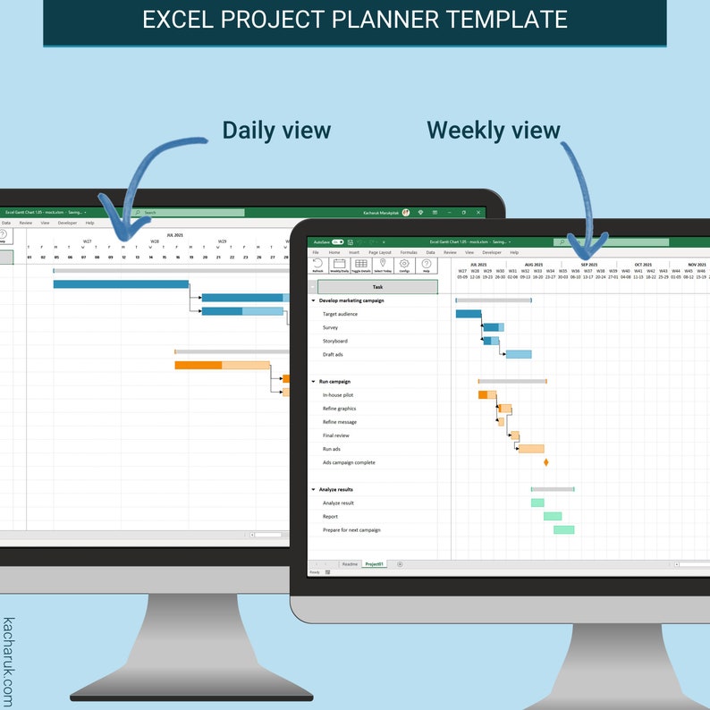 The gantt chart template is able to accommodate varied perspectives. Need to see things in detail? You can have the daily view. Need to see a bigger picture? It's only a single click to see the weekly view!