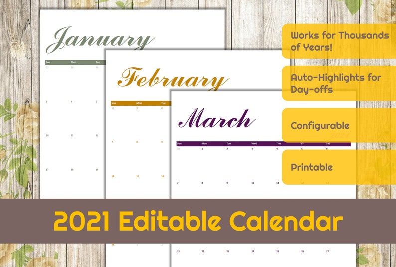 Eternal Stylish Monthly Calendar 20219999 Excel Template Etsy