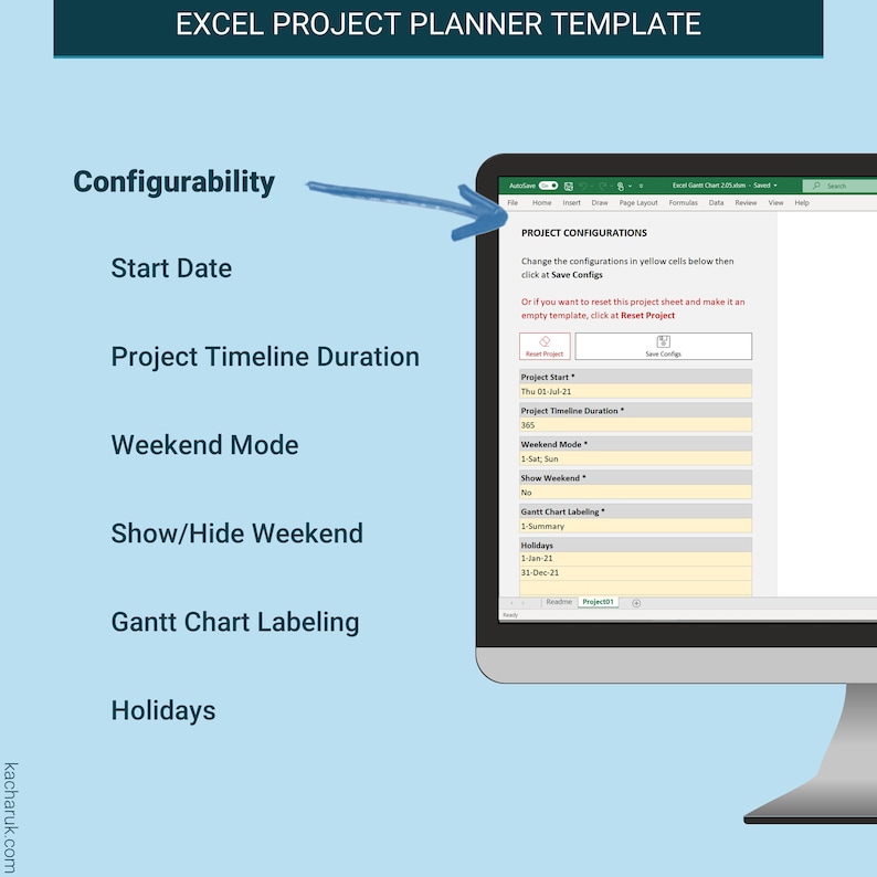 Flexibility is key! Configure this Excel Gantt chart template the way you need - Start date, duration, weekend mode, labeling, holidays.