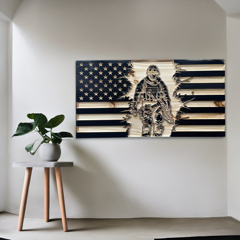Soldier Flag, Wooden United States Flag With Soldier, Tattered US Flag