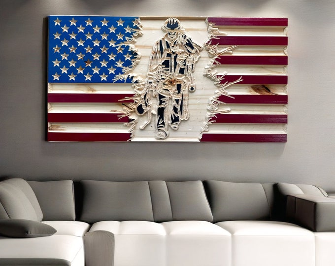 Wooden United States Flag With Lineman, Tattered US Flag Painted Wood