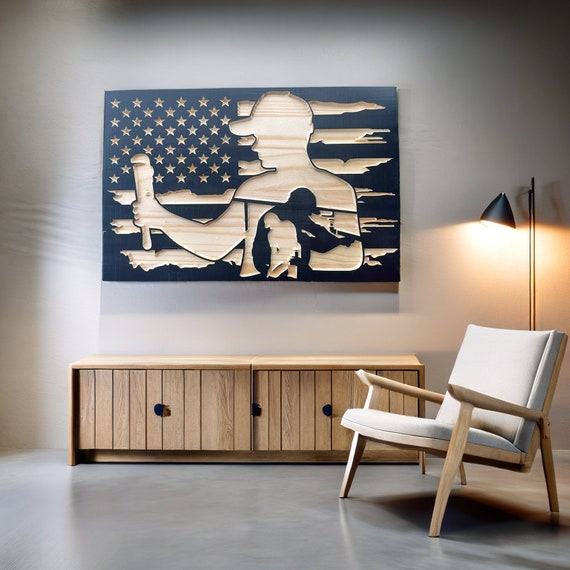 Handmade Wooden US Flag: Plumber Silhouette, Tradesman Gift