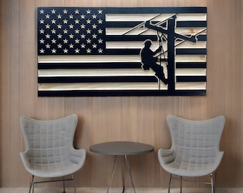 Lineman Flag, Wooden United States Flag with Lineman, US Flag painted wood, Lineman Gift, Lineworker, powerline worker telephone worker gift