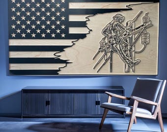 Wooden United States Flag with Lineman, Half Tattered US Flag painted flag, Lineman Gift, Lineworker, powerline worker,telephone worker gift