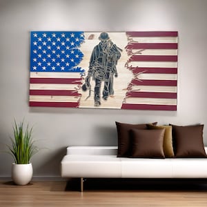 Wooden United States Flag With Lineman, Tattered US Flag Painted Wood