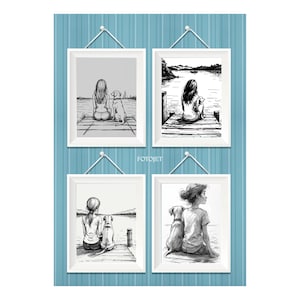 Girl and Dog SVG (4 Pack) - Girl and Dog Sitting on a dock overlooking the water. Sentimental Silhouette SVG  Friendship Vector Art