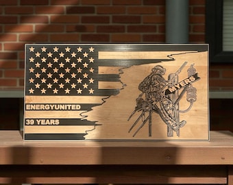 Handmade Wooden US Flag with Lineman - Tattered Flag
