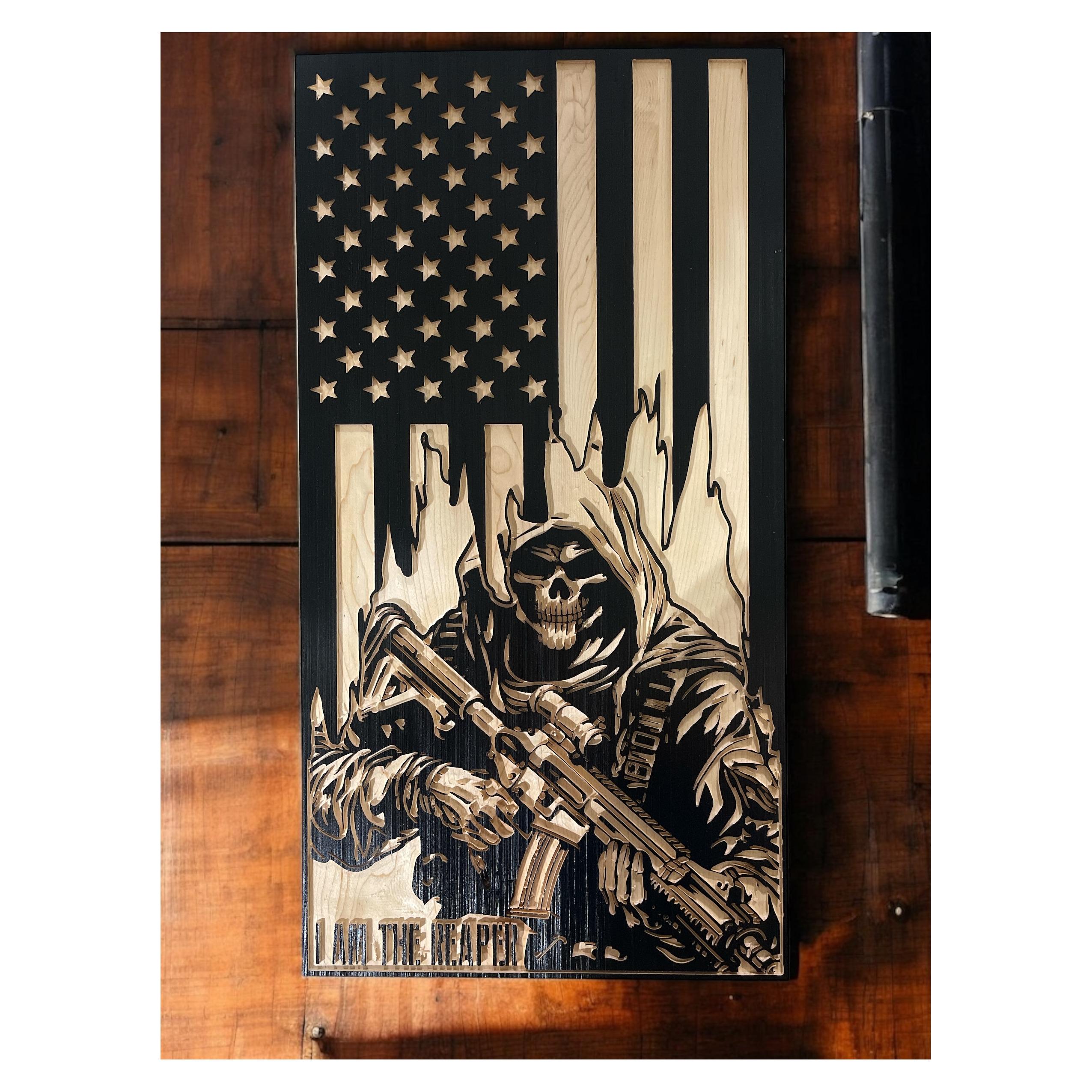 Soldier Flag, Wooden United States Flag with Soldier, tattered US Flag, Soldier Gift, Police Gift, Military, Warrior, Skull, Reaper Flag