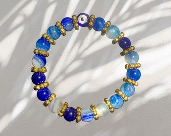 Exquisite Handmade Bracelets: Natural Stone Beads, Evil Eye Charm, and Diamond-Encrusted Spacer Beads | Type F