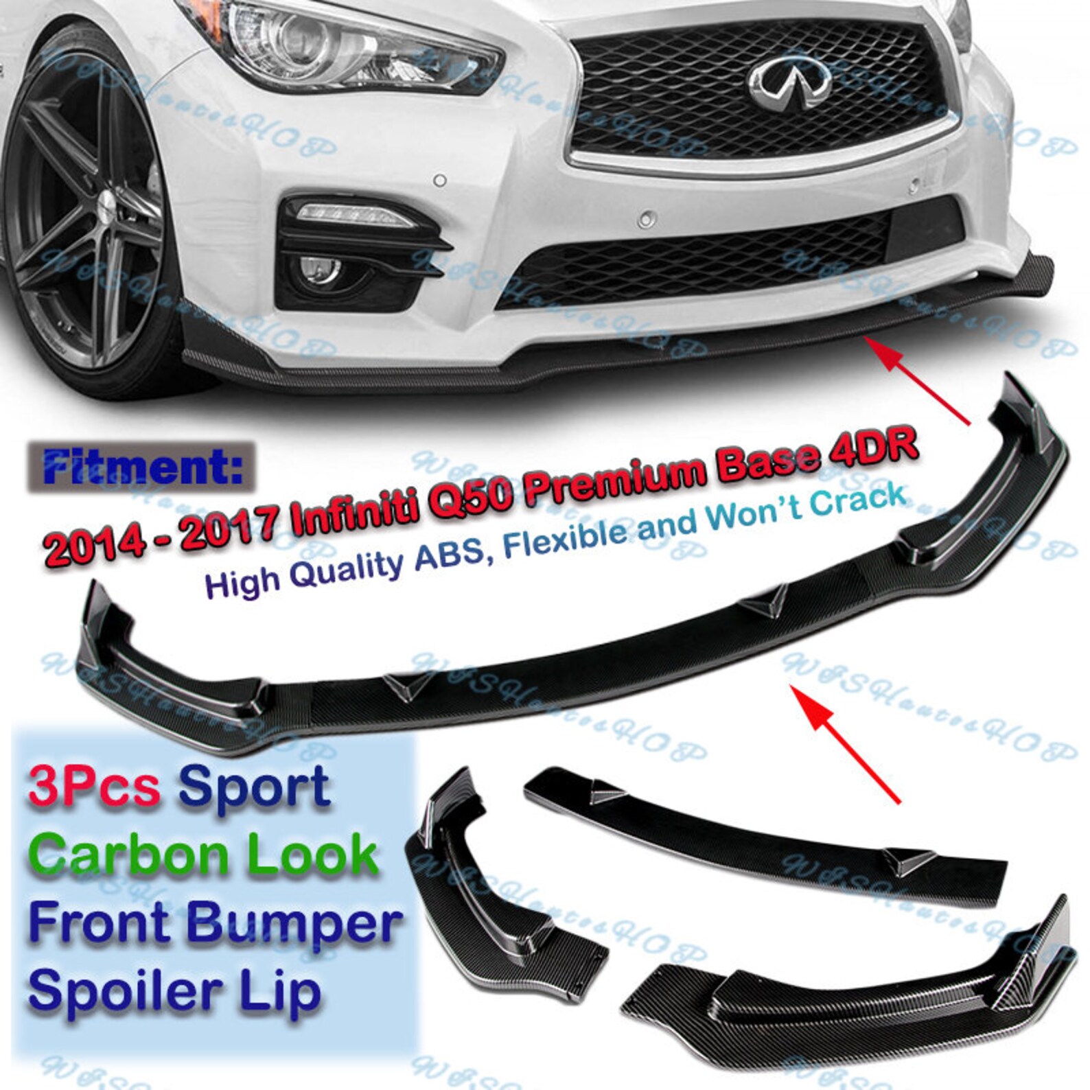 For 2014-2017 Infiniti Q50 Premium Painted White Front Bumper Body Kit Lip 3PCS