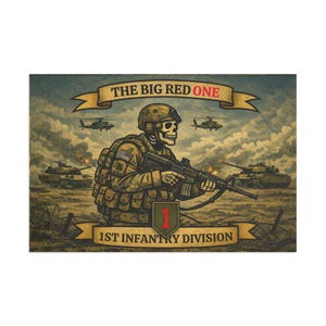May include: A vintage-style print featuring a skeletal soldier in military gear, holding a rifle. The image includes tanks, helicopters, and barbed wire, with banners reading "THE BIG RED ONE" and "1ST INFANTRY DIVISION."