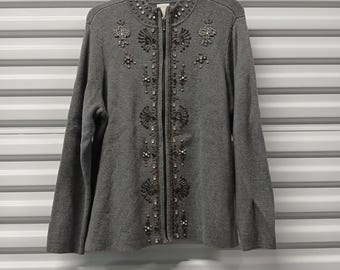 Vintage Chico's Women's Jacket Size 2(US Large) Gray Embellished Sweater Y2K Zip Front Cardigan
