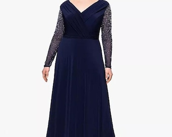 Betsy & Adam Formal Evening Gown Womens 18W Navy Beaded Mother of Bride Dress