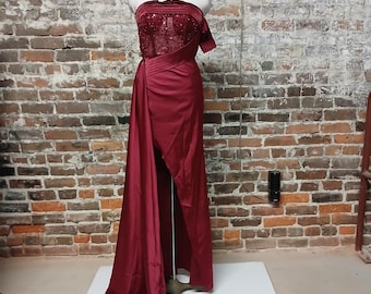 Formal Evening Gown Small Red Beaded Sequin Strapless Corset Dress Wedding Cocktail Party Special Occasion