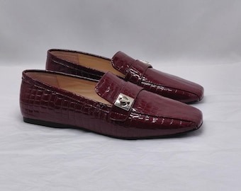 Kate Spade Womens Loafers Sz 7 Burgundy Croc Patent Quiet Luxury Old Money Flats