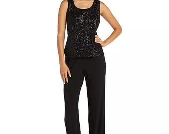 Womens Sequin Pant Set Sz 12 Black Formal Evening Cocktail Party Wedding R & M