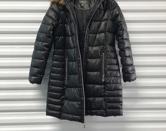 Gallery Womens Puffer Coat Small Black Hooded Faux Fur Full Zip Winter Outerwear