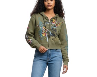 Ed Hardy Womens Hoodie Jacket Large Green Tattoo Graphic Y2K Vintage Streetwear