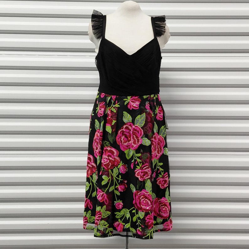 Adrianna Papell Dress Size 10 Black Floral Embroidered Whimsigoth Cocktail Party Wedding Guest image 3