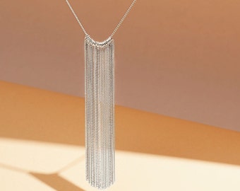 Elegant Silver Tassel Necklace - Handcrafted Sterling Silver 925 Pendant with Stylish Long Chain - Perfect Gift for Her