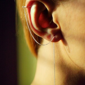 Może przedstawiać: Srebrny kolczyk z łańcuszkiem, z długim, zwisającym łańcuszkiem, który sięga do szyi. Łańcuszek jest przymocowany do małego kółka, które przechodzi przez płat ucha.