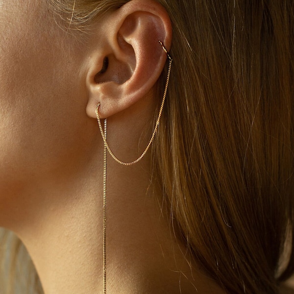 Elegant Gold Plated Ear Cuff Chain Earrings - Stylish Minimalist Jewelry