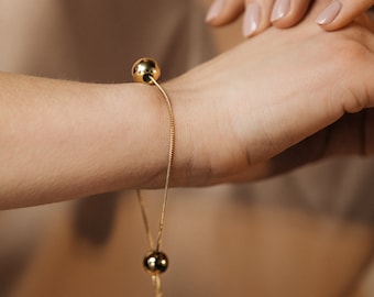 Elegant Gold Plated 14K Ball Bracelet for Women - Adjustable Dainty Ball Chain Jewelry - Perfect Gift for Her