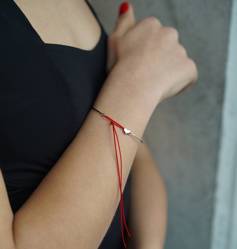 Red String Heart Bracelet Adjustable Cuple Bracelet in Sterling Silver or Gold Plated 14K Wedding Anniversary Gift image 1