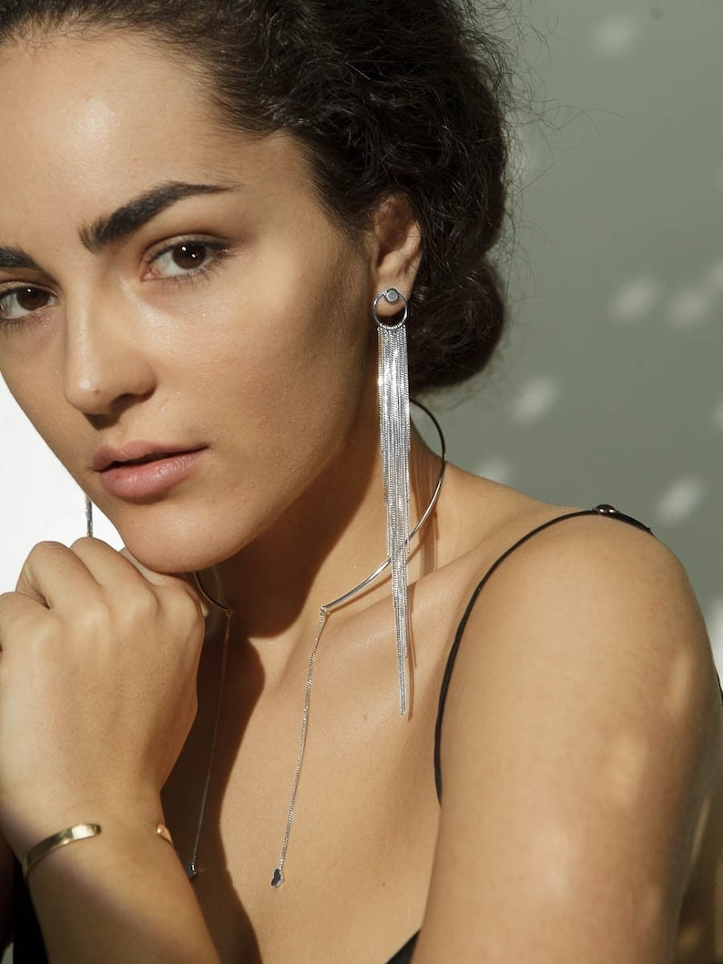 Elegant Long Silver Tassel Earrings Stylish Cascade Fringe Earrings