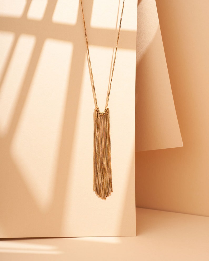 Fashionable Silver Tassel Necklace Sterling Silver 925 Pendant with Stylish Long Chain Perfect Gift for Her Gold plated 14K