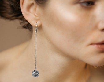 Aesthetic Long Chain Silver Earrings - Ball Threader Earrings Sterling Silver 925 - 25th Anniversary Gift for Her