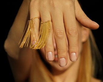 Luxury Solid Gold Tassels Ring - 14k Adjustable Ring with Unique Design - Stunning Birthday Gift for Her