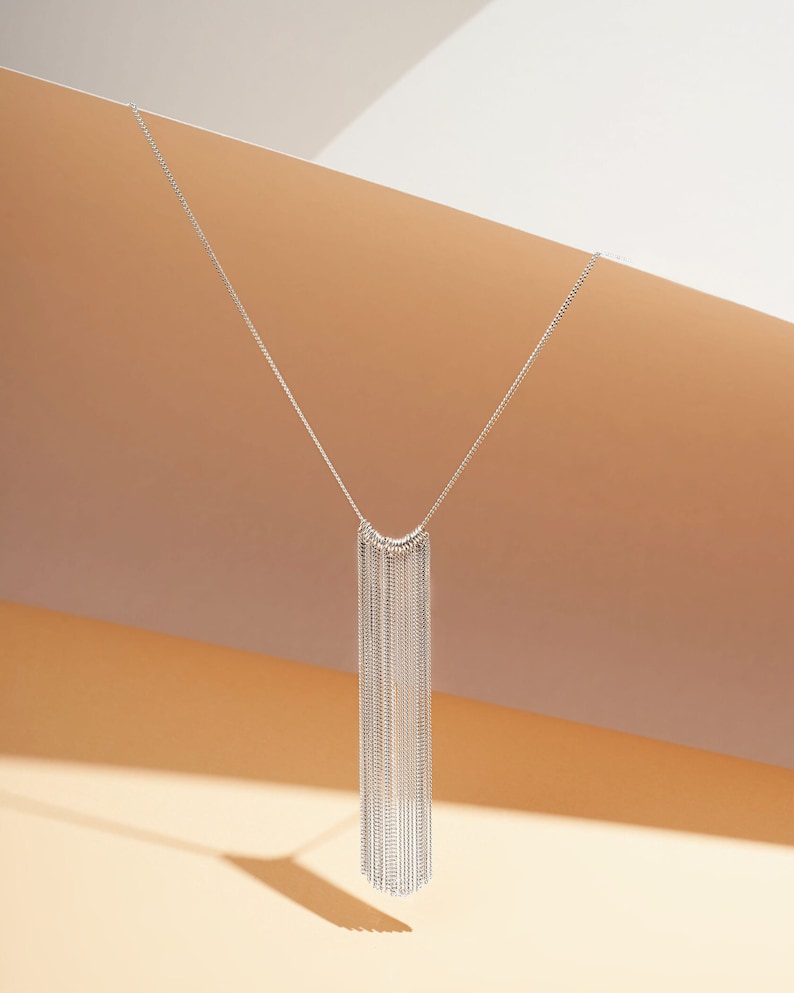 Fashionable Silver Tassel Necklace Sterling Silver 925 Pendant with Stylish Long Chain Perfect Gift for Her Sterling Silver 925