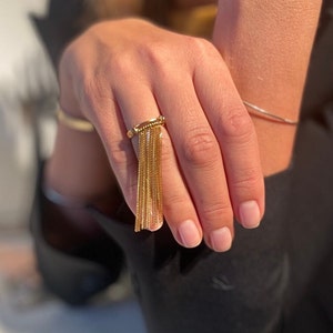 Unique Gold Birthday Gift for Her - Adjustable Solid 14K Gold Ring with Long Tassel Detail