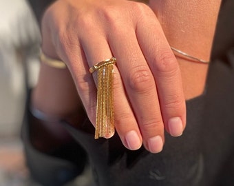 Adjustable 14K Gold-Plated Sterling Silver Tassel Ring – Long Chain Statement