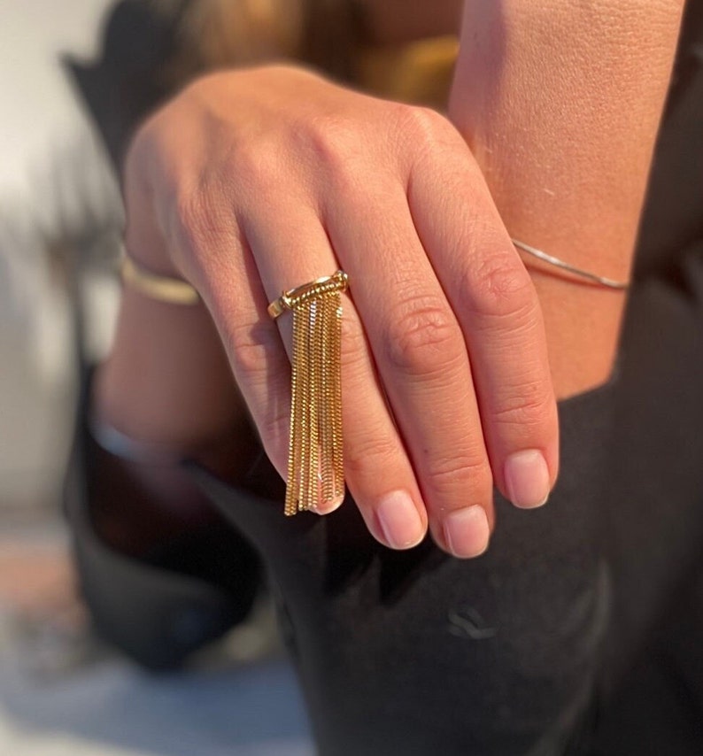 Unique Gold Birthday Gift for Her Adjustable Solid 14K Gold Ring with Long Tassel Detail image 3