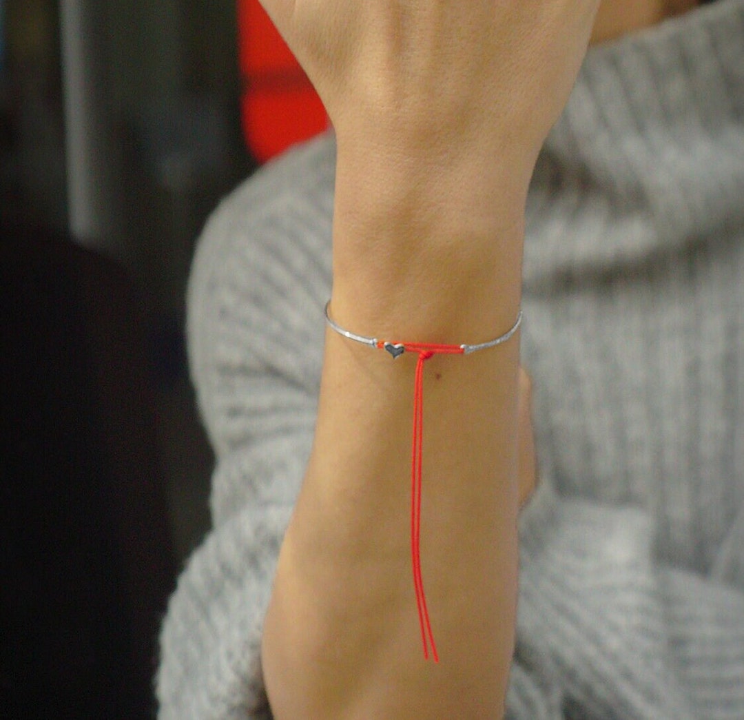 Red String Heart Bracelet Adjustable Cuple Bracelet in Sterling Silver