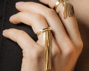 Stylish Gold Tassel Ring - Adjustable Gold Plated 14K  Ring - Unique Knuckle Ring - Perfect Birthday Gift, Anniversary Gift  for Her