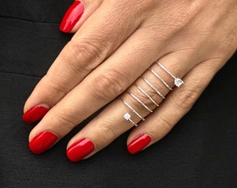 Full Finger Ring, Sterling Silver or 14K Gold-Plated Spiral Ring with Cubic Zirconia