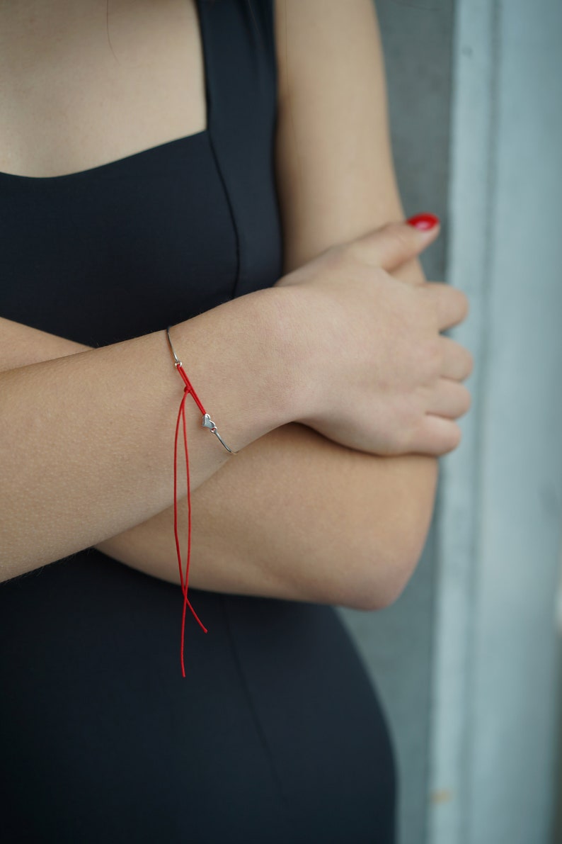 Red String Heart Bracelet Adjustable Cuple Bracelet in Sterling Silver or Gold Plated 14K Wedding Anniversary Gift image 3