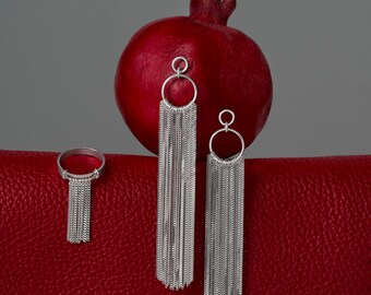 Stylish Tassel Jewelry Set - Sterling Silver Tassel Ring and Long Dangle Earrings - Valentine's Day Gift for Her