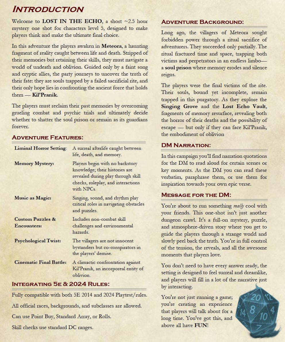 Dnd Introduction Lost in the Echo: Dnd 5e One-shot Mystery Adventure (digital Download ...