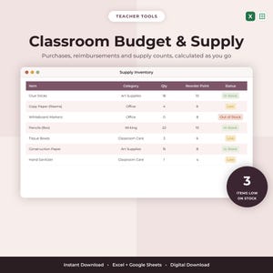 Puede incluir: Una plantilla de hoja de cálculo digital titulada Classroom Budget & Supply con una tabla de Supply Inventory. La tabla enumera artículos como Glue Sticks y Pencils con columnas para Category, Qty, Reorder Point y Status. Un círculo oscuro indica 3 artículos con bajo stock.